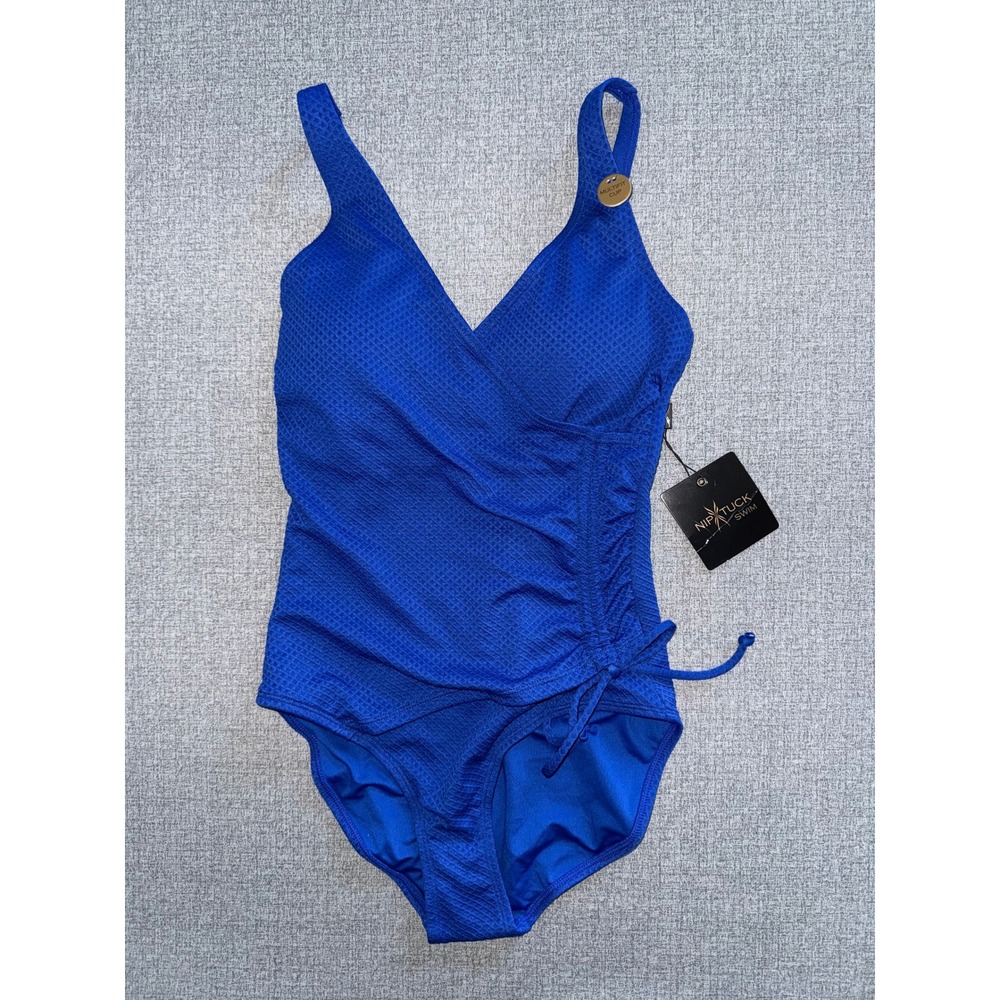 New Nip Tuck Swim Womens Blue Waffle Texture Wrap One Piece Swimsuit Size 6